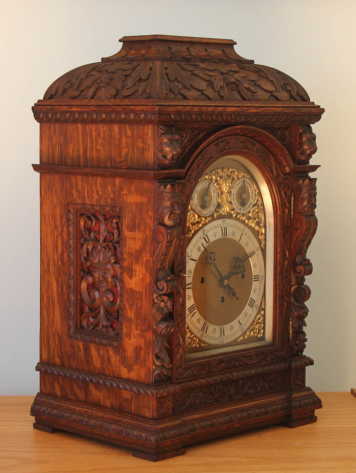 German Carved Oak Triple Fusee Bracket Clock 9 Gongs