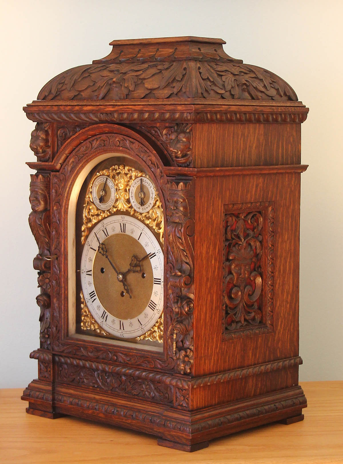 German Carved Oak Triple Fusee Bracket Clock 9 Gongs