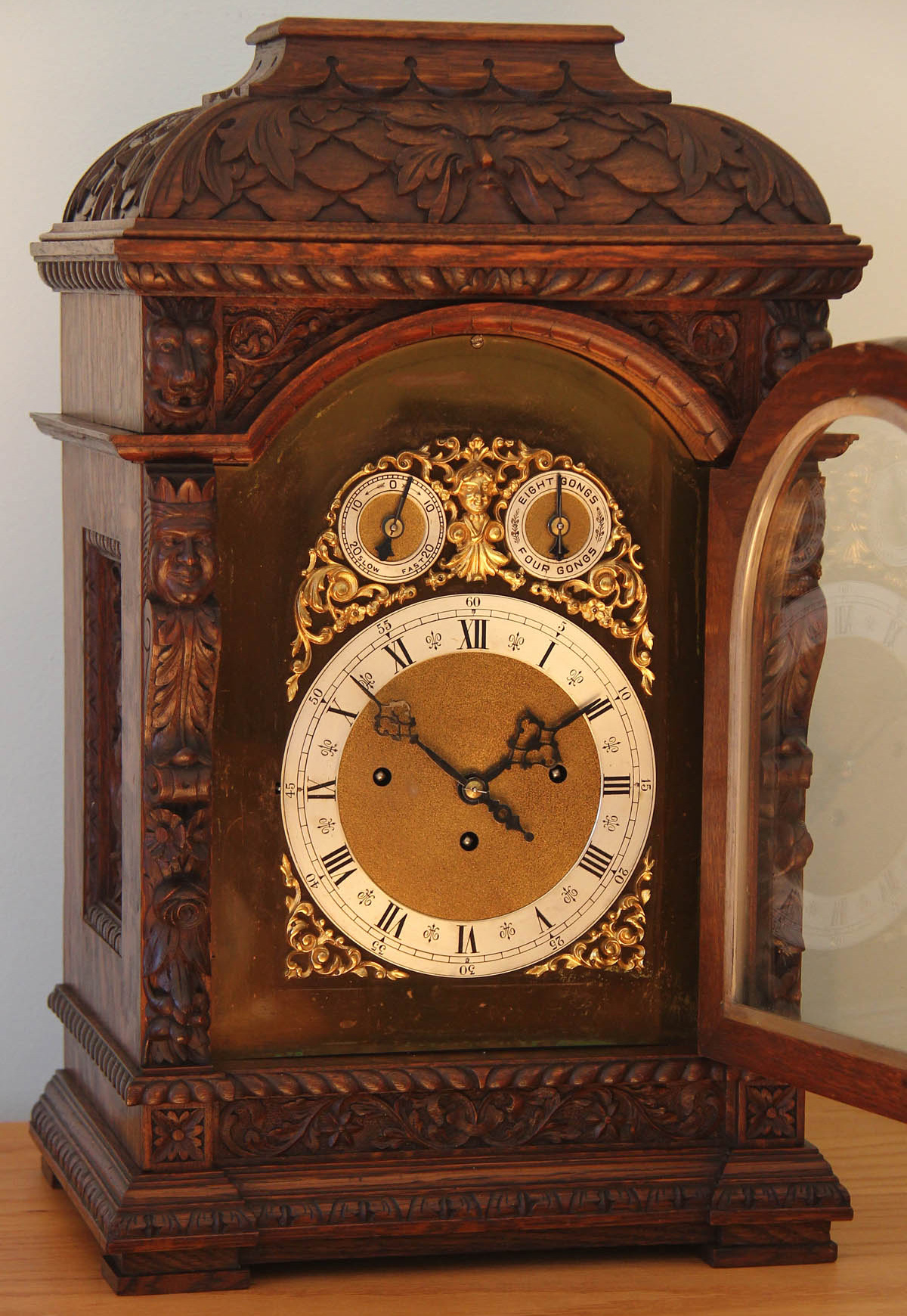 German Carved Oak Triple Fusee Bracket Clock 9 Gongs
