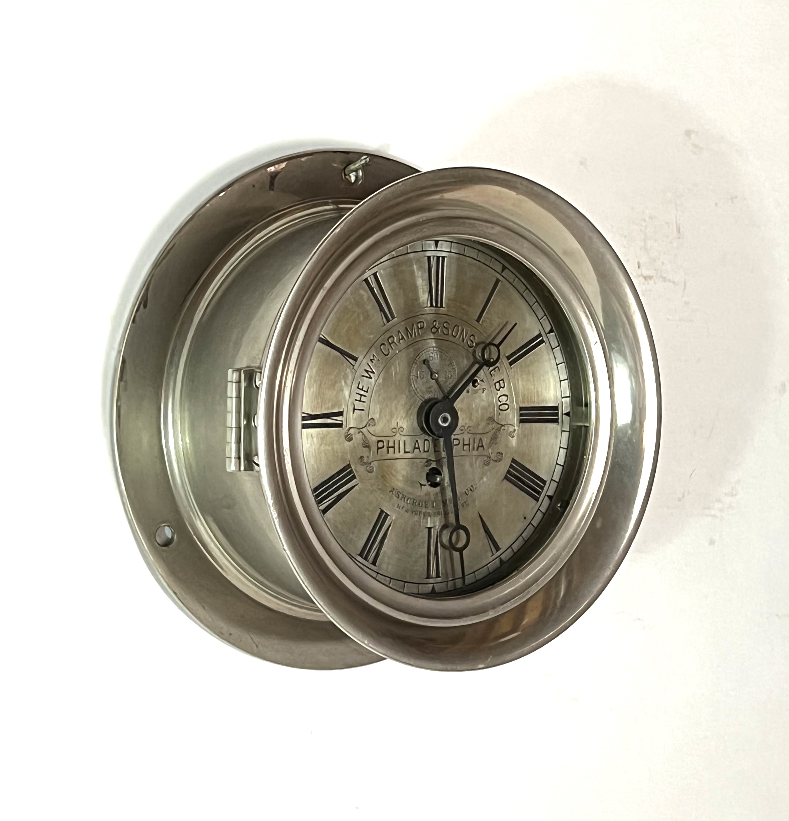Eastman 6 3/4 inch Nickel Marine Clock for Wm Cramp