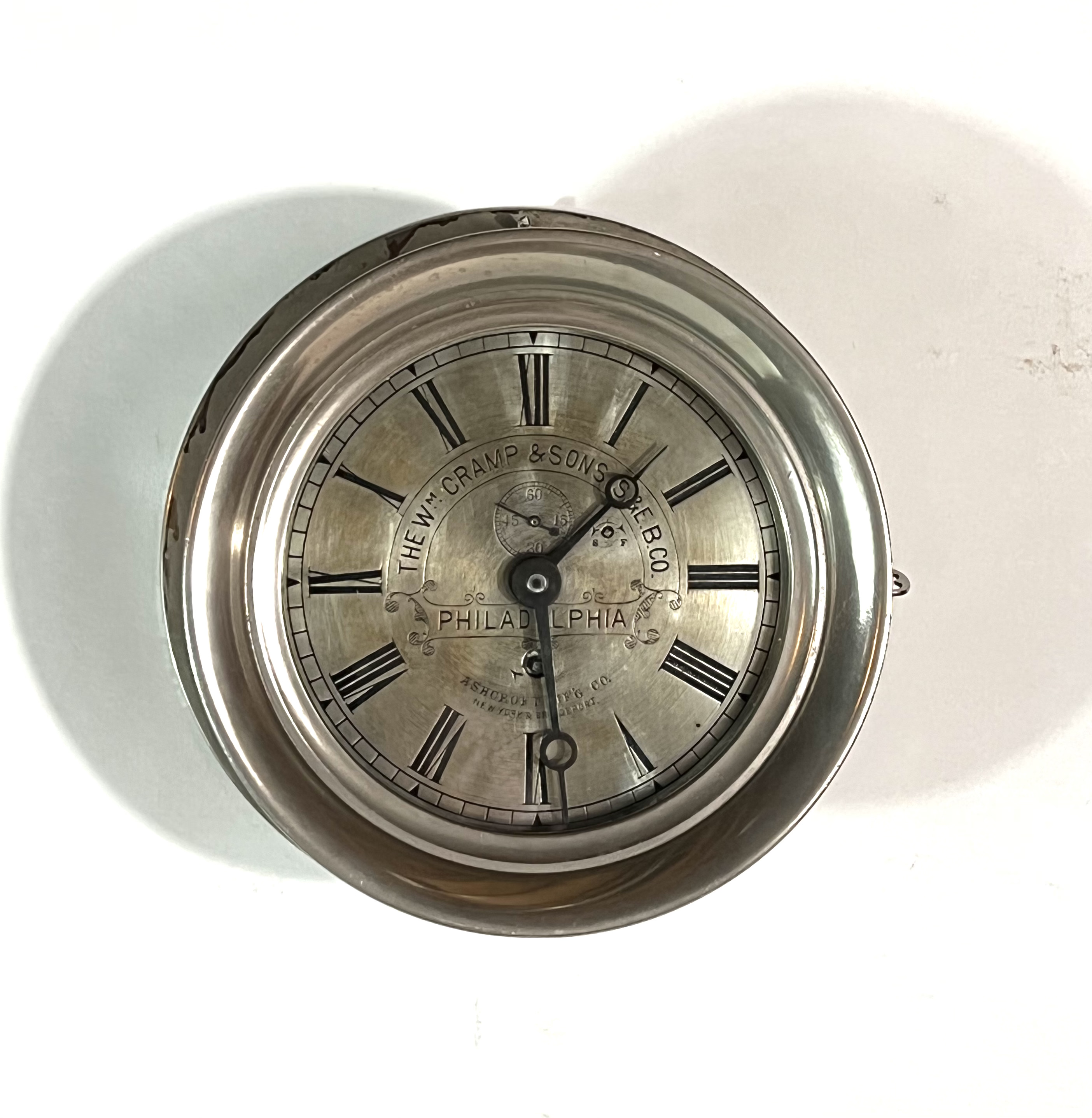 Eastman 6 3/4 inch Nickel Marine Clock for Wm Cramp