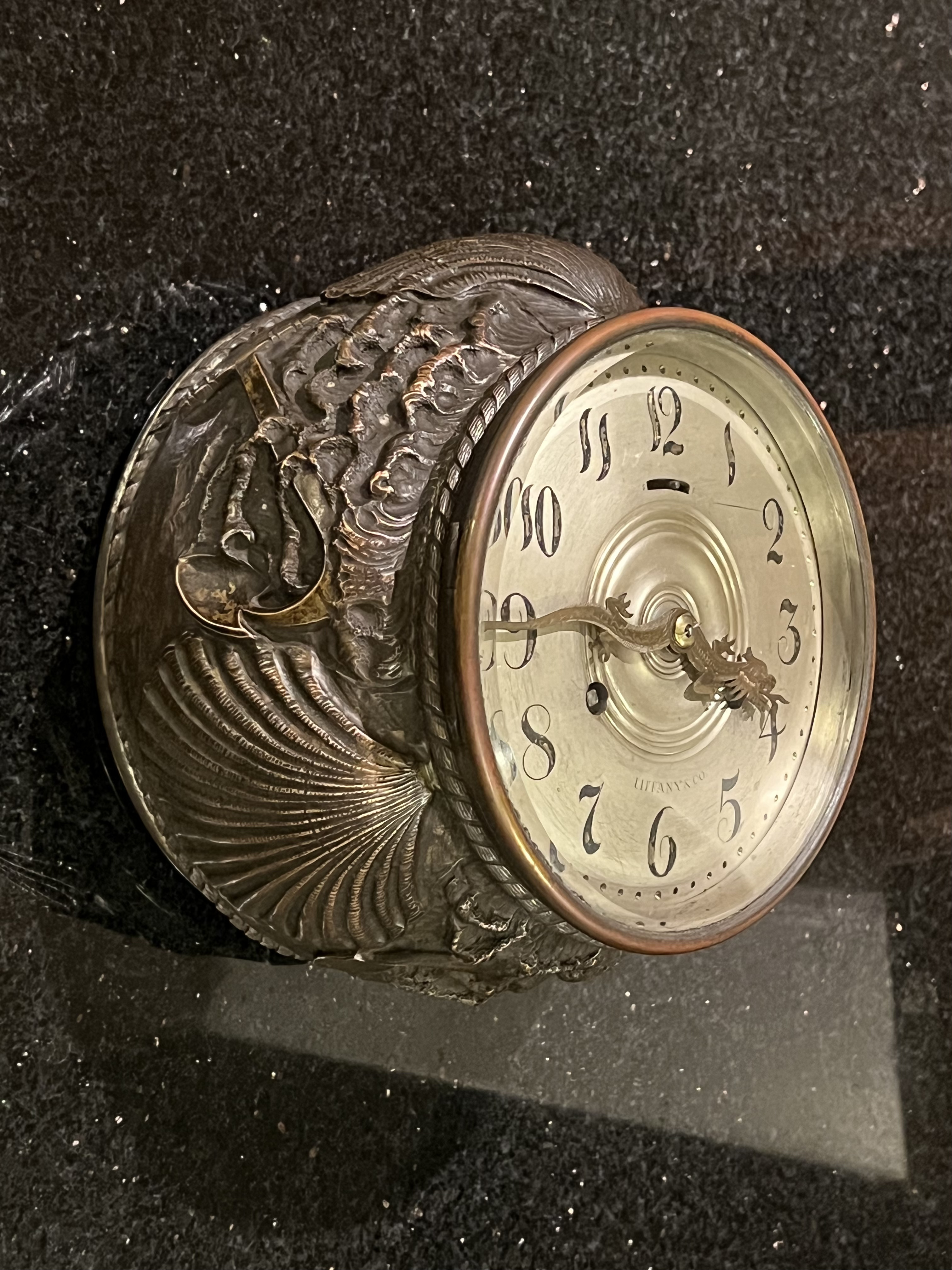 Tiffany & Company Makers Ships Bell Clock - Patinated Silver Repousse Case