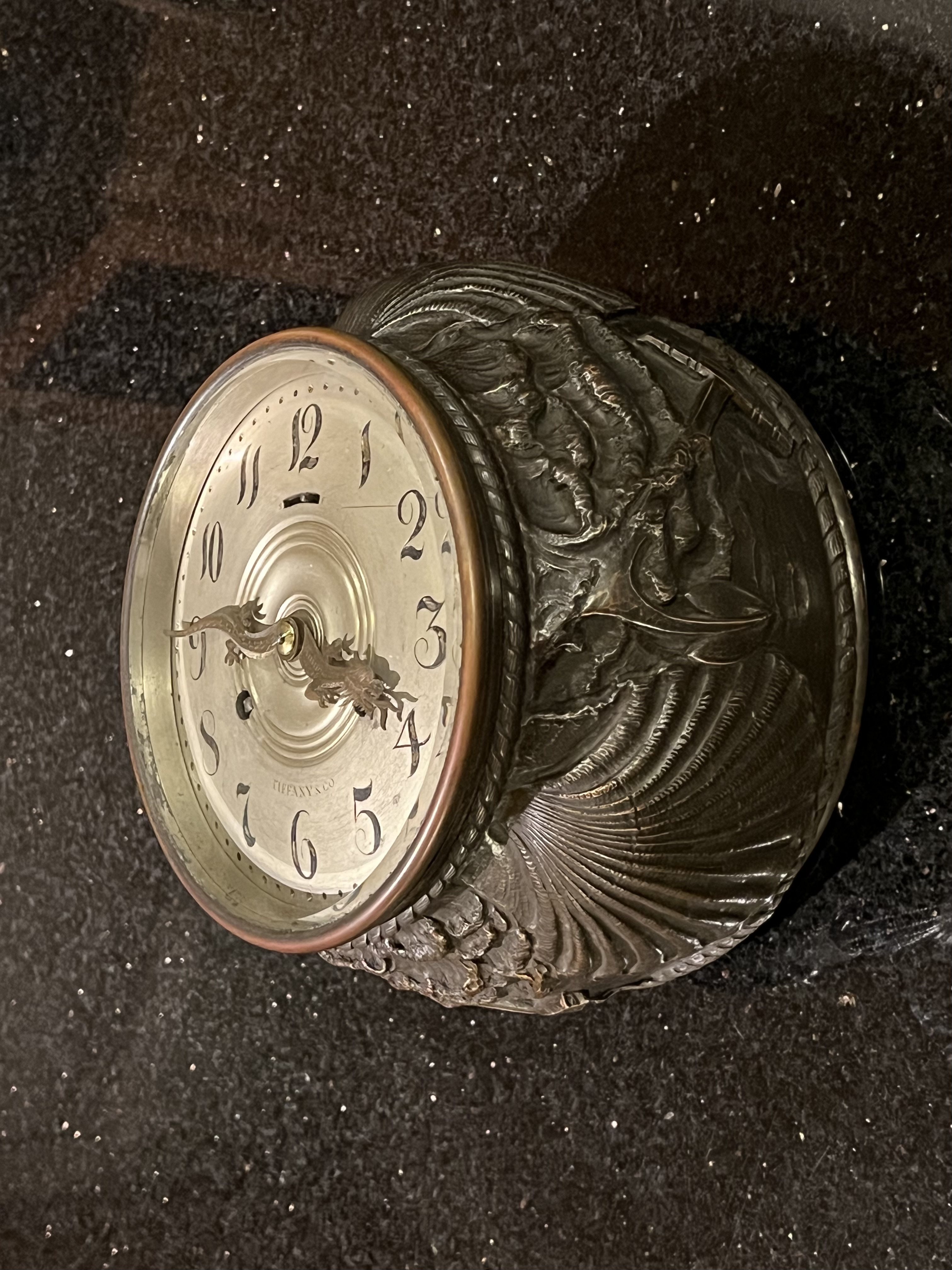 Tiffany & Company Makers Ships Bell Clock - Patinated Silver Repousse Case