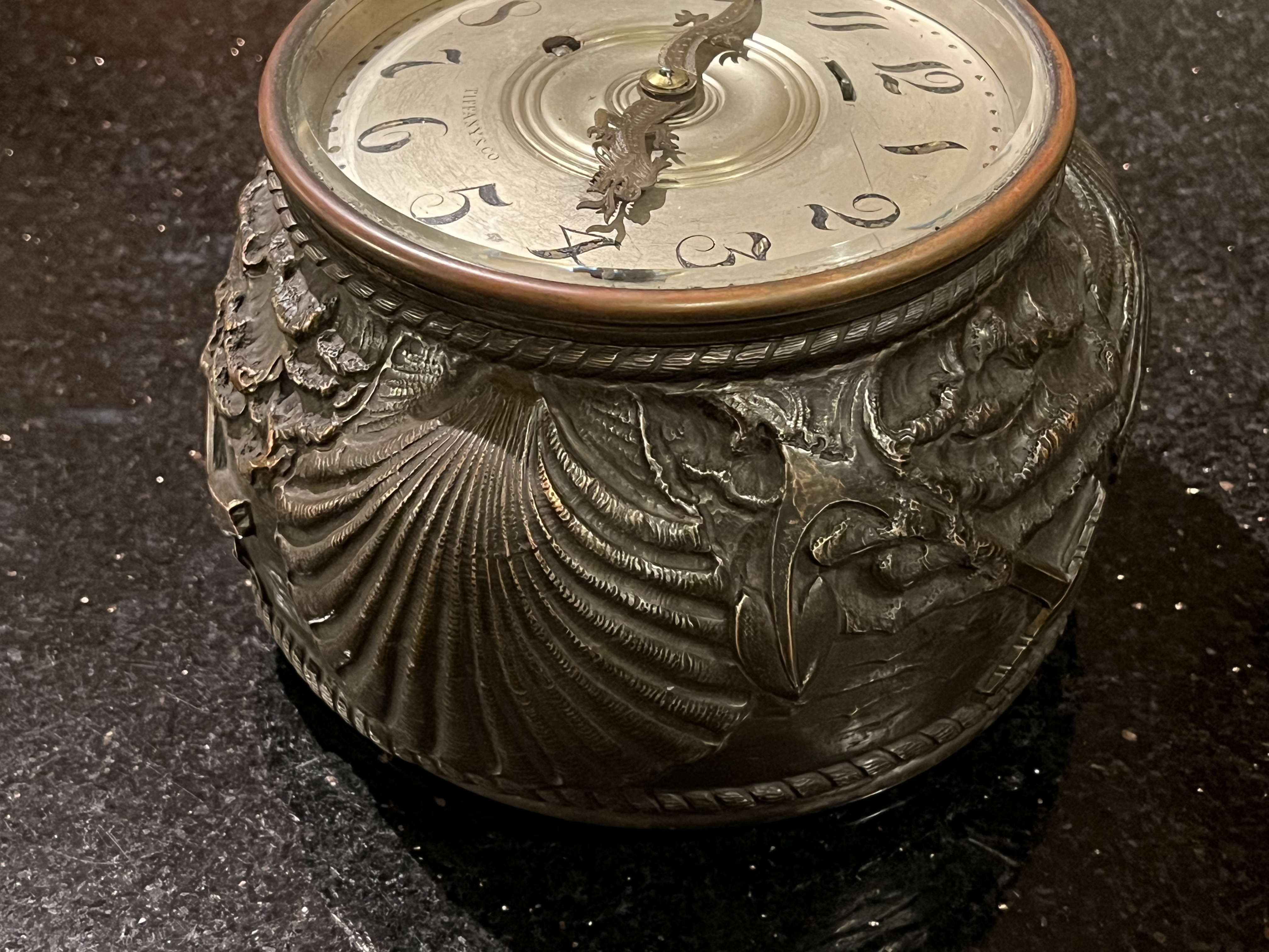 Tiffany & Company Makers Ships Bell Clock - Patinated Silver Repousse Case