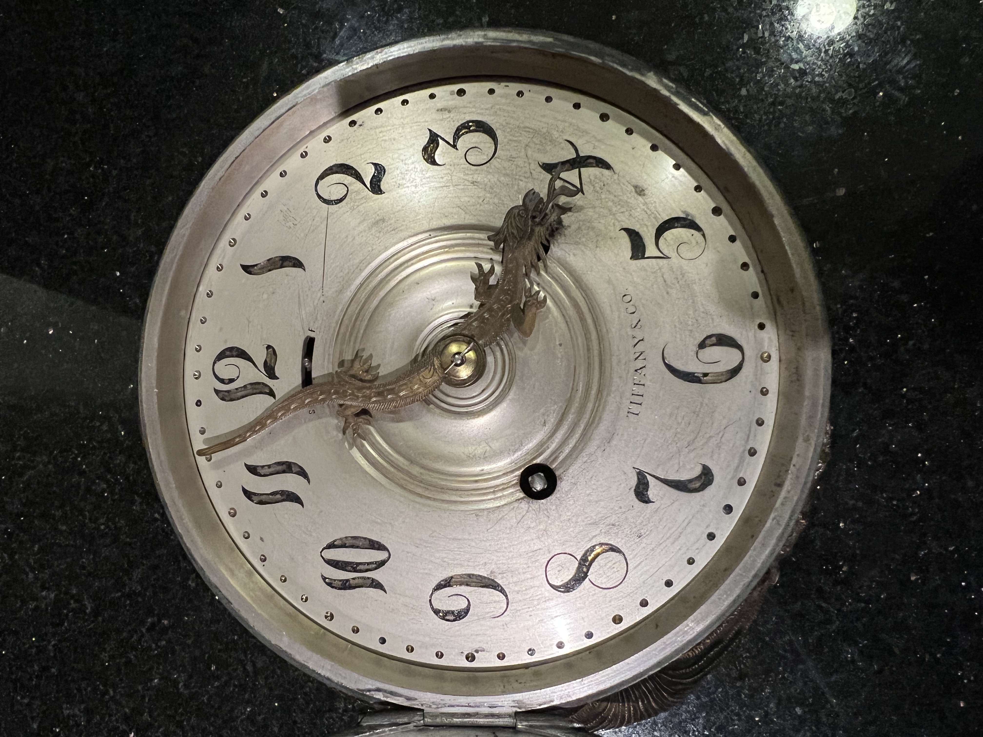 Tiffany & Company Makers Ships Bell Clock - Patinated Silver Repousse Case